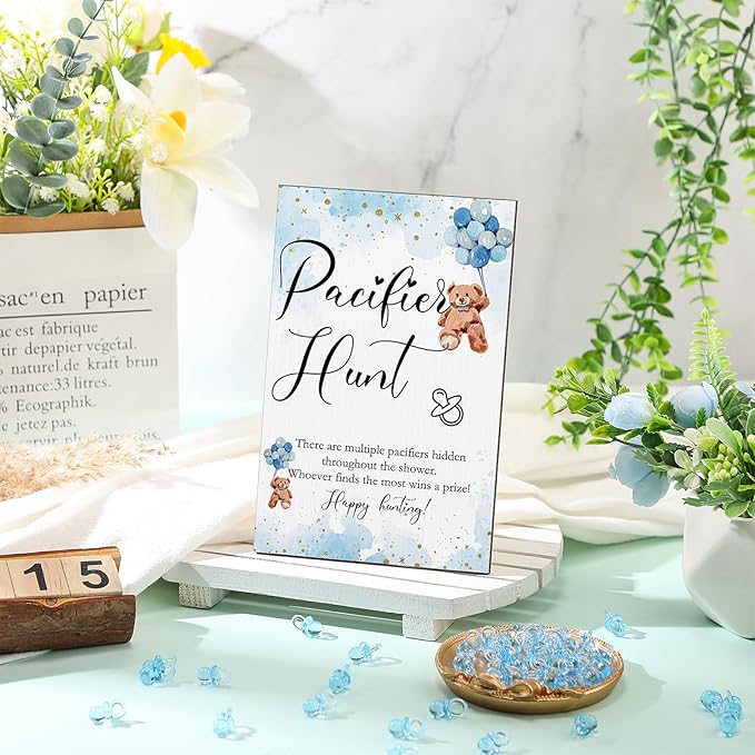 Roowest 51 Pcs Pacifier Hunt BabyShower Games Include Wooden Hunt Sign and 50 Acrylic Mini Plastic Pacifiers for BabyShower Game Decoration Gift Sets Gender Reveal Party(Bear,Blue)
