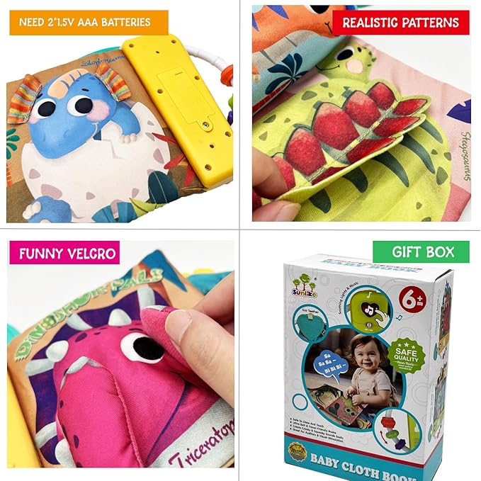 Baby Books Toys, Touch and Feel Music Cloth Book for Infant Baby 6-12-18 Months, Early Learning Education Shower Easter Gifts for Boys Girls (Dinosaur Pals)