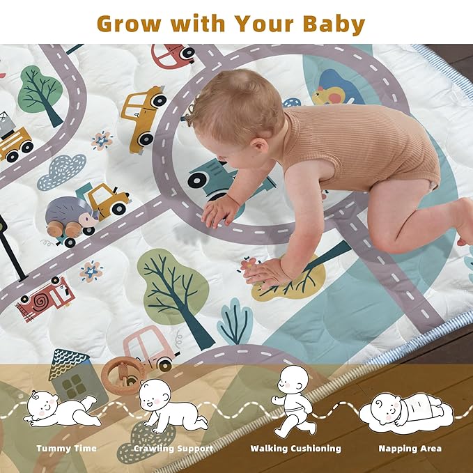 Baby Play Mat, 47x47 Play Mat for Playpen, Thick Soft Cushioned Baby Mat for Floor, Non-Slip Car Play Mats, Washable Baby Playmat for Babies Toddlers Infants Activity & Tummy Time (Car,47x47)