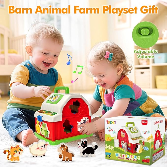 Montessori Toddler Toys for 1 2 3 Year Old Boys Girls, Musical Farm Animals Barn Toy with Sound & Light, Learning Toys for Toddler 1-3, Birthday Gift for Baby Kid 12-18 Months,Shape Sorting Fine Motor