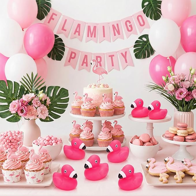 Goaste 50 Pieces Flamingo Rubber Ducks Bulk, Pink Flamingo Bath Toys, Cute Floating Squeaky Bathtub Ducks for Baby Shower, Birthday Party, Cake Decoration, Classroom Prizes