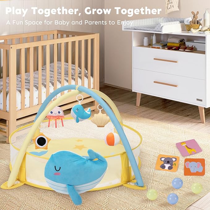 7-in-1 XL Large Baby Play Gym Mat, Tummy Time Mat, Baby Gym & Ball Pit, Baby Activity Mat with Milestone Cards & 6 Detachable Toys for Sensory Motor Skill, Whale