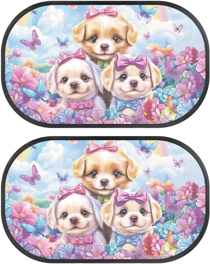 Bulopur 2 PCS Car Window Shades for Side Window UV Protection Floral Dog Puppy Side Window Sunshade Easy to Install Mesh Car Windshield Covers Universal Auto Interior Accessories Decoration