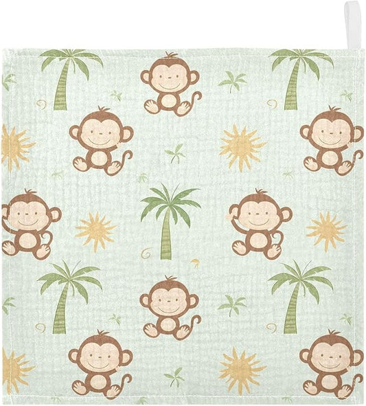 vvfelixl Cute Monkey Coconut Trees Baby Burp Cloths Baby Muslin Washcloths for Boys Girls Cotton Babys Face Towel for Newborn Infants Soft and Absorbent 11.8 X 11.8 in, 5 Pack