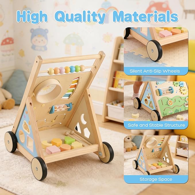 Wooden Baby Walker, Baby Walker with Wheels, Includes Montessori Sensory Toys and Activity Center, 6-18 Months for Boys and Girls