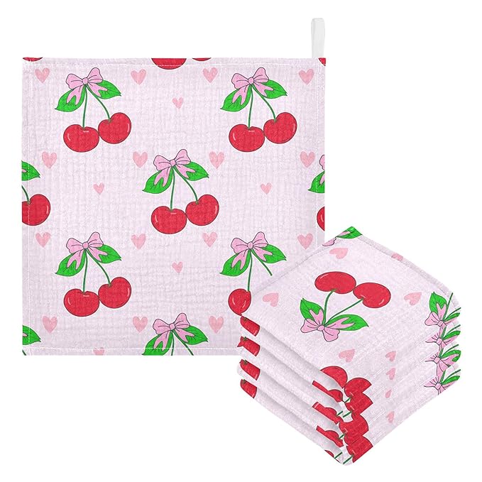 Cherry with Bows Baby Washcloths 5 Pack, Cotton Muslin Washcloth Soft for Sensitive Skin, Newborn Girls Boys Shower Gift, 12x12 in