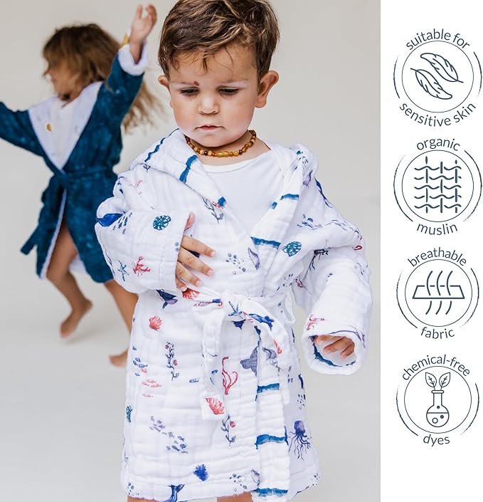 Malabar Baby Organic Cotton Muslin Wearable Hooded Towel, Bath, Pool & Beach Cover-up for Size 6-12 Months - Under The Sea