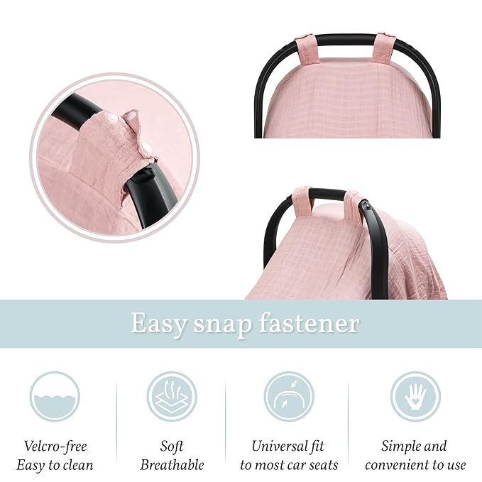 Meracorallo Muslin Baby Car Seat Cover, Lightweight Breathable Soft Infant Carrier Cover Carseat Canopy for Baby Boys and Girls, Pink