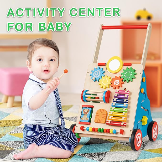 HUZU Wooden Baby Walker with Wheels, Montessori Push and Pull Activity Center for Toddlers, Adjustable Height & Speed, Learning Toy for 6-12 Months 1-3 Years Old Boys and Girls (Rainbow)