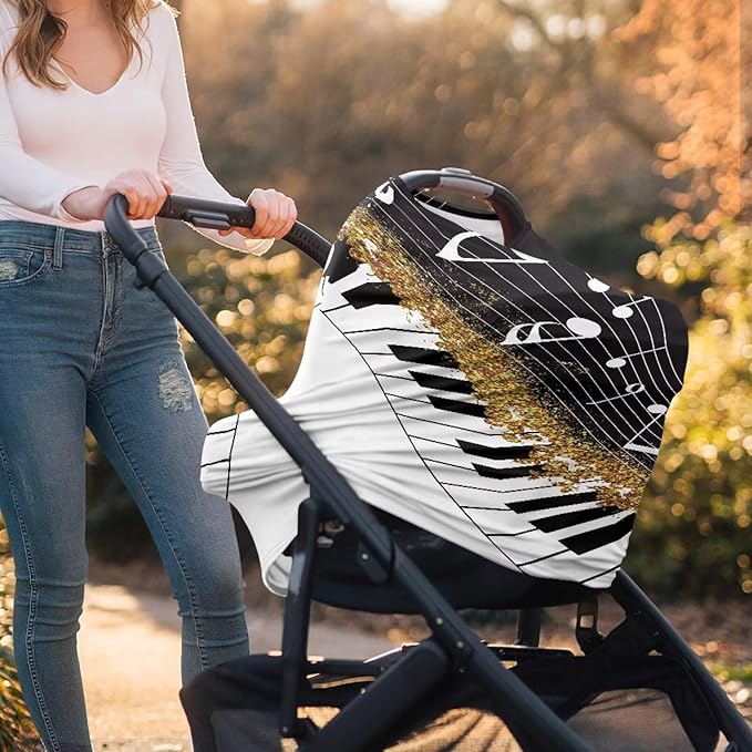 Music Nursing Cover for Breastfeeding,Black Piano Car Seat Cover Baby Soft & Breathable Breastfeeding Covers Nursing Multi-Use for Car Seat & High Chair