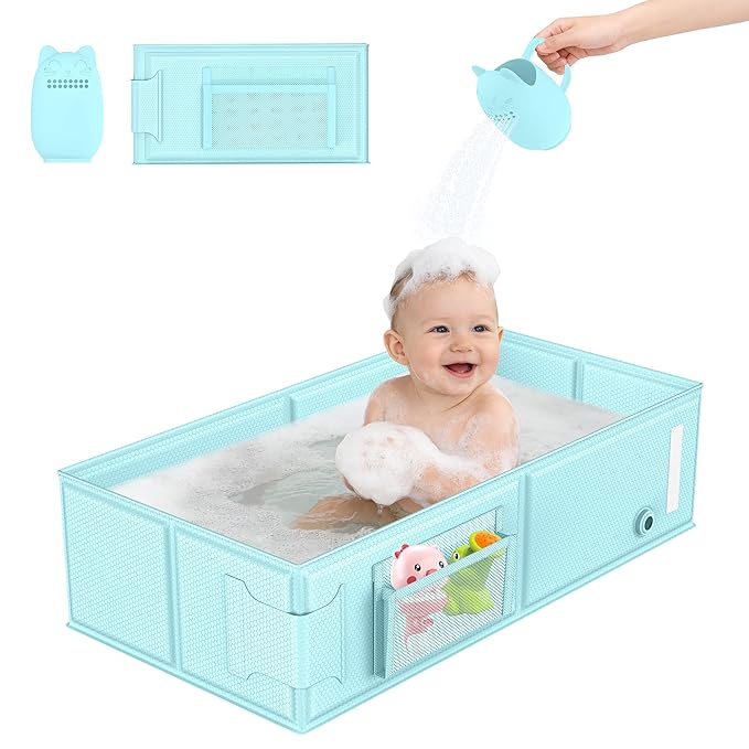 YomauiYee Baby Bathtub, Foldable Toddler Tub with Rinse Cup, 2-in-1 Portable Collapsible Baby Bath Tub for 6M-5Y, No Assembly, Space Saving for Travel, Hotel, Camping