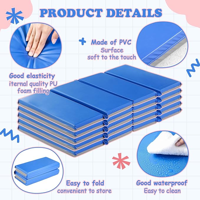 Marsui Folding Kids Nap Mats for Preschool Daycare 4 Section Folding Rest Mats Daycare Sleeping Mat for Kid 2 Inch Thick Portable Resting Floor Sleep Mat Baby Changing Pad for Kindergarten(Blue,Gray)