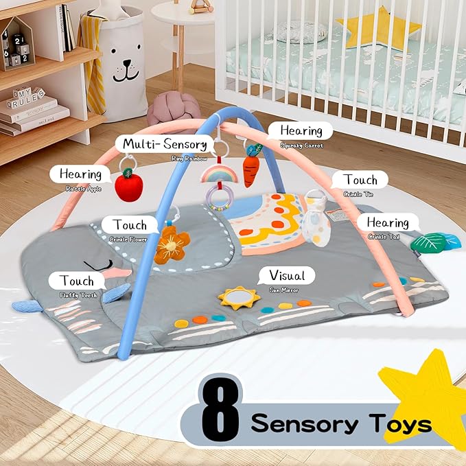 Baby Play Gym Tummy Time Mat, Oversize Elephant Activity Mat with 6 Detachable Toys, Promote Motor Skills & Sensory Development Mat, Newborn Infant Baby Essentials Gift