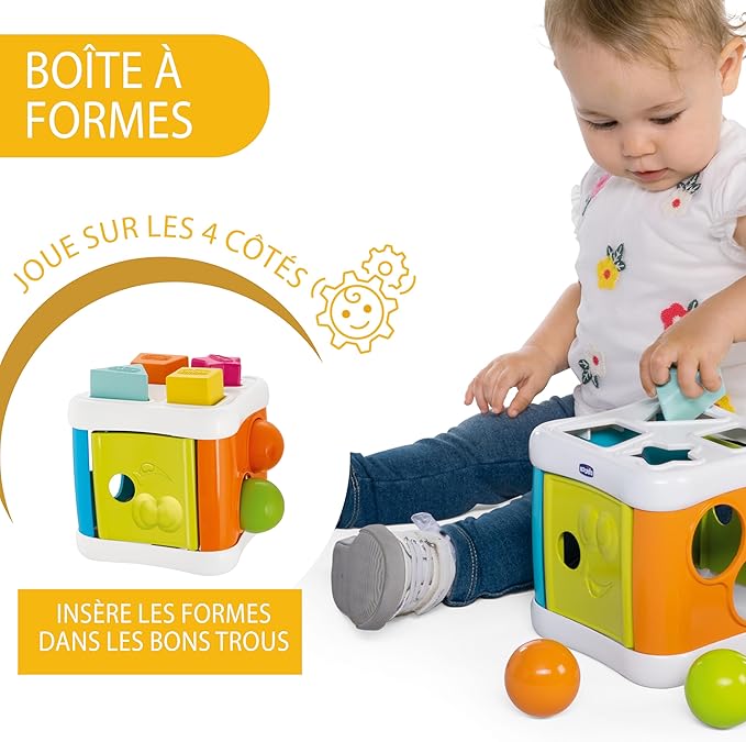 Chicco Cube with Stroke and Hammer 2 in 1, Game Shapes and Rods for Children with 4 Geometric Shapes, 2 Balls and Hammer, Multifunctional Dice - Educational Game 10 Months - 3 Years