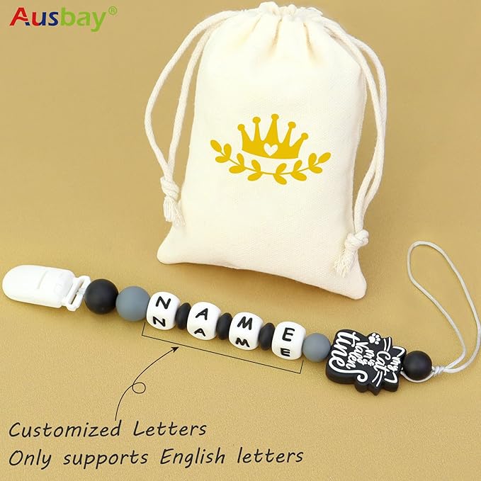 Personalized Pacifier Clip with Name, Custom Animal Pacifier Clip for Baby, Personalized Silicone Pacifier Holder - Boy and Girl Gift (Black)