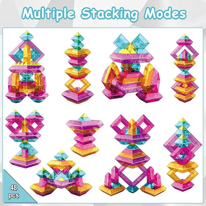 48 PCS Building Blocks Set for Kids, Pyramid Stacking Blocks with Storage Bag - STEM Preschool Learning Stacking Toys, Light Table Compatible Translucent Sensory Blocks for Toddlers Ages 3 4 5 6