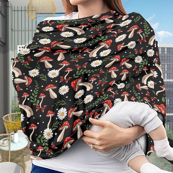 Tropical Mushroom Print Breathable Car Seat Canopies for Infant Girl Boys,Stylish Cozy Multi Nursing Cover Breastfeeding Cover Mom Scarf