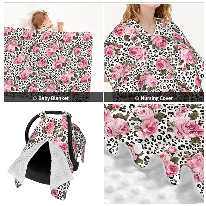 KiuLoam Pink Rose Leopard Cheetah Print Baby Car Seat Canopy Nursing Cover Breastfeeding Scarf Stretchy Soft Breathable Infant Carseat Cover for Babies Boys Girls