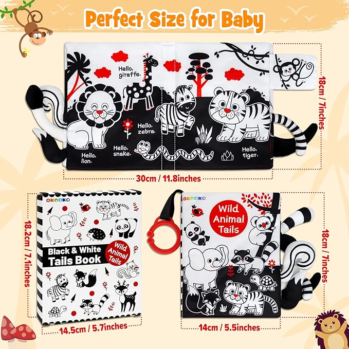 OKOOKO Soft Baby Book Black and White High Contrast Animals Tails Book Bath Toy Montessori Sensory Stroller Toy Non-Toxic Crinkle Washable Early Education for Baby Infant Toddler