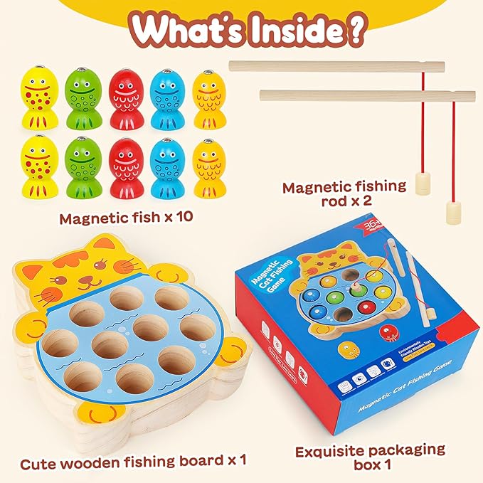 Montessori Magnetic Wooden Fishing Game for Kids 3+, Fine Motor Skills Toys Learning Color Sorting & Hand Eyes Coordination Easter Basket Stuffers for Toddlers Boys Girls