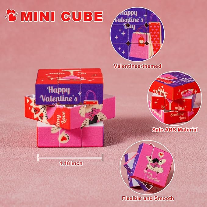 24 Pack Premium Valentine's Day Mini Cubes Set with Cards & Bags, 3x3x3 Puzzle Cubes (1.18 Inch) Heart-Themed Classroom Exchange Gifts, Valentines Gift, Bulk Party Favors, Goodie Bag Stuffers for Kids