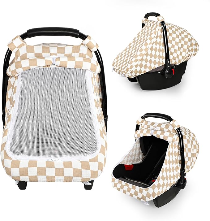 DILIMI Car Seat Covers for Babies, Muslin Cotton Baby Car Seat Cover with Breathable Mesh Window, Summer Infant Car Seat Canopy for Boys Girls Newborn, Brown Plaid