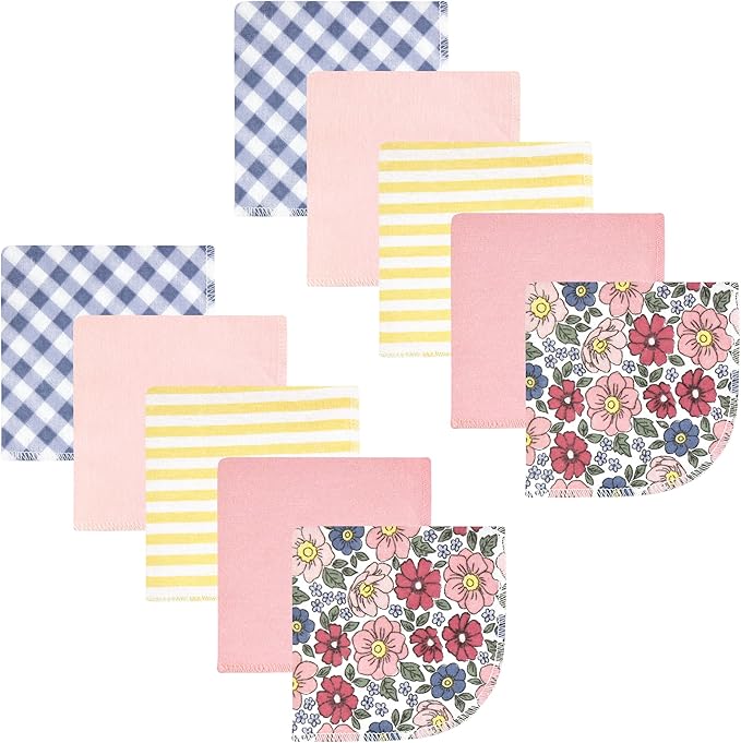 Hudson Baby Unisex Baby Flannel Cotton Washcloths, Pink Blue Pretty Floral 10 Pack, One Size