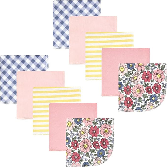 Hudson Baby Unisex Baby Flannel Cotton Washcloths, Pink Blue Pretty Floral 10 Pack, One Size