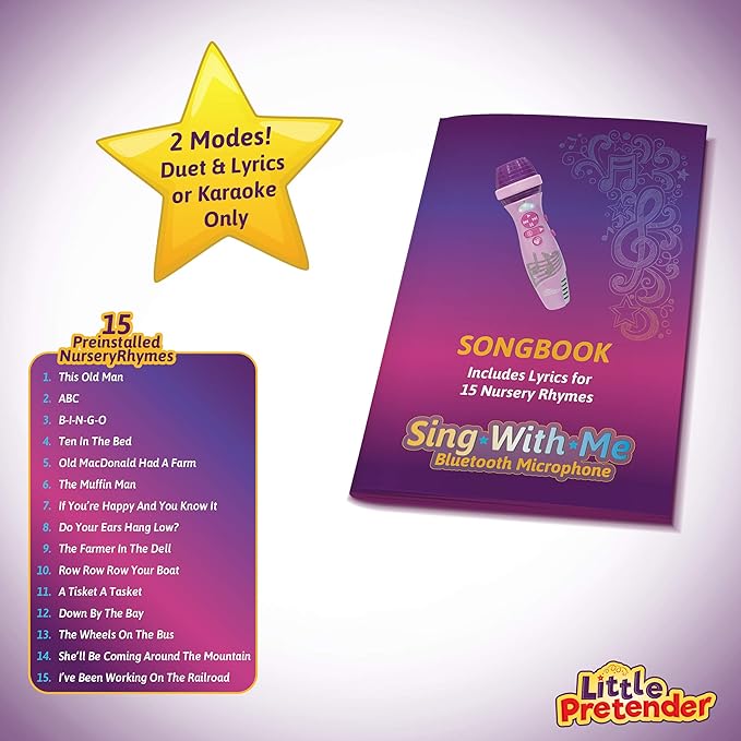 Little Pretender Kids Karaoke Microphone, Voice Changer Toys with 15 Pre-Installed Nursery Rhymes for Toddlers & Kid Age 3-5, Bluetooth Microphones for Singing, Microphone for Ages 3 4 5 6+ Years Old