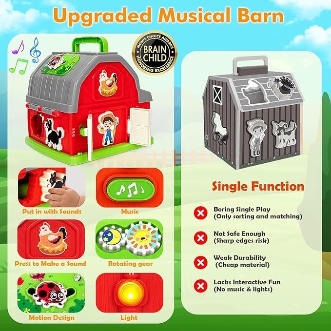 Ellinjan Montessori Learning Toys for 1 2 3 Year Old Boys Girls, Musical Farm Animals for Toddlers 1-3, Interactive Barn Toy with Light & Sound, Birthday Gifts for Baby Kid Toddler Age 12-18 Months