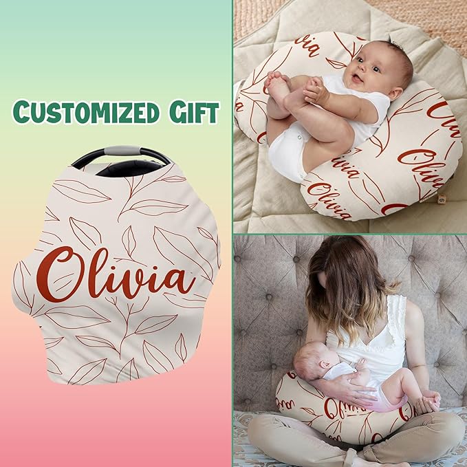 Personalised Car Seat Cover for Babies - Multi-use Carseat Canopy Cover with Name, Orange Leaf Car Seat Covers, Christmas Birthday Gifts for Infant Boys and Girls
