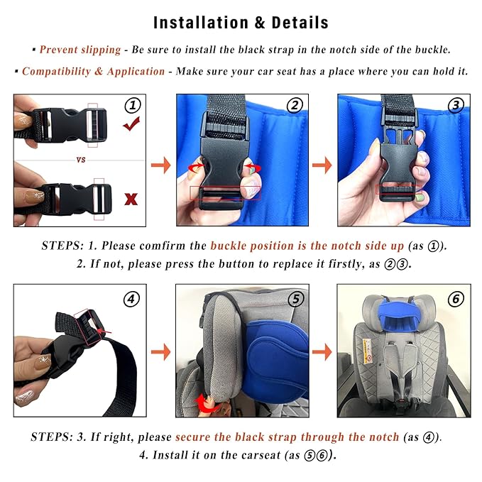 Adjustable Toddler Car Seat Head Support Band, Carseat Straps Cover, Safety Car Seat Neck Relief, Infants and Baby Head Support,Blue