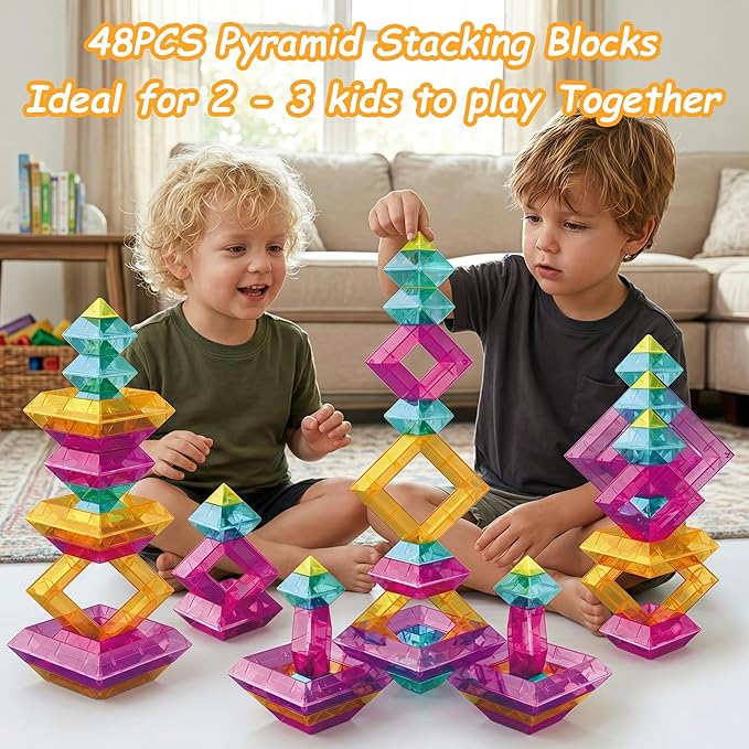 48 PCS Building Blocks Set for Kids, Pyramid Stacking Blocks with Storage Bag - STEM Preschool Learning Stacking Toys, Light Table Compatible Translucent Sensory Blocks for Toddlers Ages 3 4 5 6