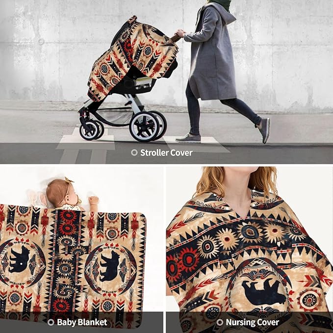 Native Southwest American Bear Car Seat Canopy Cover, Universal Fit for Infant Car Seats，Breathable,Multi-Use Nursing Cover, Gift Ready