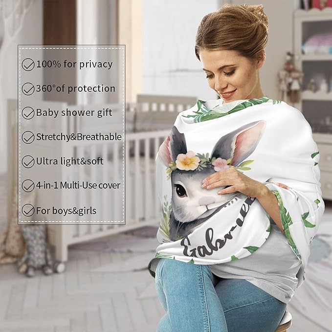Personalized Car Seat Covers for Babies with Name – Multi-use Breastfeeding Cover Custom Rabbit Carseat Canopy Cover, Infant Stroller Covers for Boys and Girls