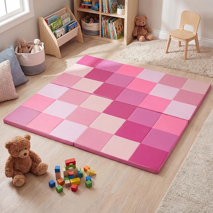 Costzon Toddler Foam Play Mat, Foldable Pink Baby Crawling Mats 58-Inch Square Soft Non Skid Daycare Floor Mat, Thicken Waterproof Memory Activity Play Mat for Home, School, Kindergarten or Nursery