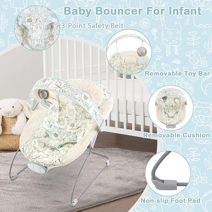 Baby Bouncer, Infants Bouncy Seat with Music and Vibrations,Portable Baby Rocker with Hanging Grasping Planet & Mirror for Newborns Indoor Outdoor Use 0-6 Months Up to 20 lbs