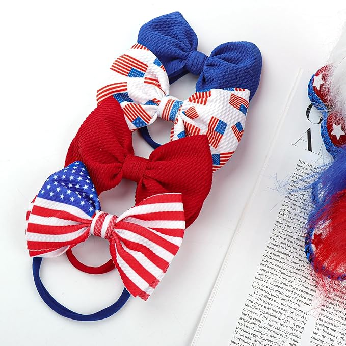 4th of July Baby Headband Set - Patriotic Hair Bows and Nylon Headband for Newborns and Toddler Girls - 4Pcs Red American Flag Design