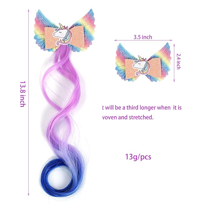 5- Colored Angel Wings Hair Bows Hair Extensions For Girls, Glitter Unicorn Hair Accessories (5PCS)