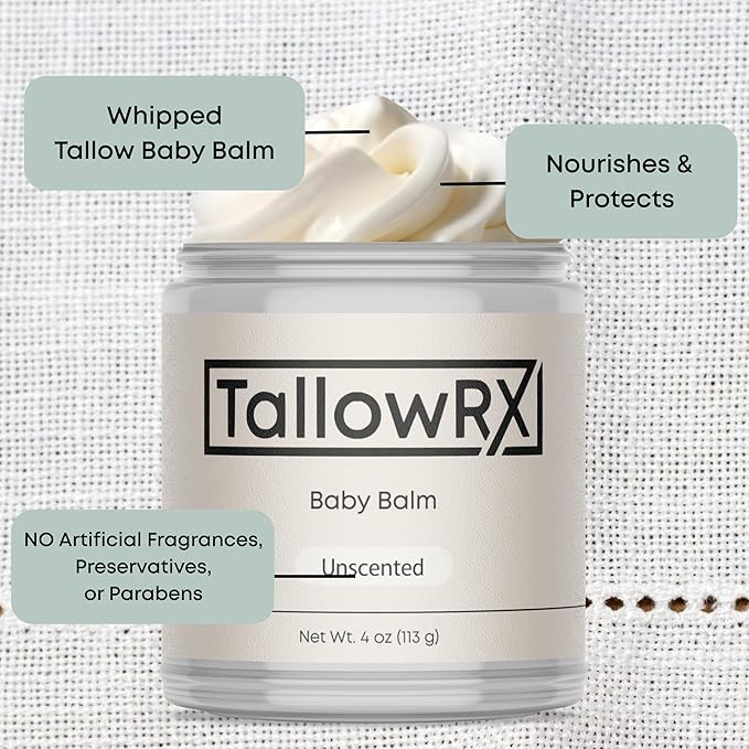 Tallow Baby Balm for Delicate Skin – All-Natural, Moisturizing & Soothing Cream with Grass-Fed Beef Tallow, Organic Jojoba & Organic Vitamin E – For Newborns, Infants & Toddlers (4oz, Unscented)
