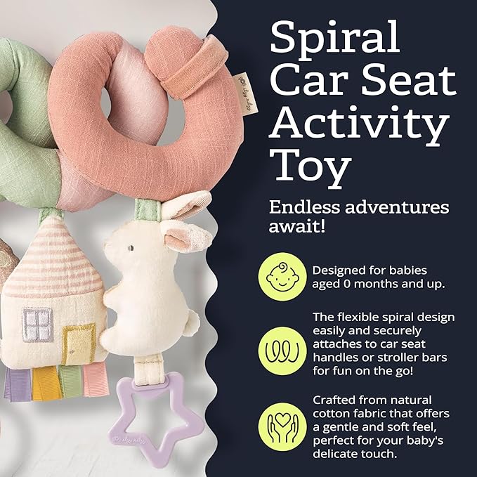 Itzy Ritzy Spiral Car Seat & Stroller Activity Toy - Stroller & Car Seat Toys for Ages 0 Months and Up - Hanging Toys Include Dangling Ring, Mirror and Textured Ribbons (Pastel Rainbow)