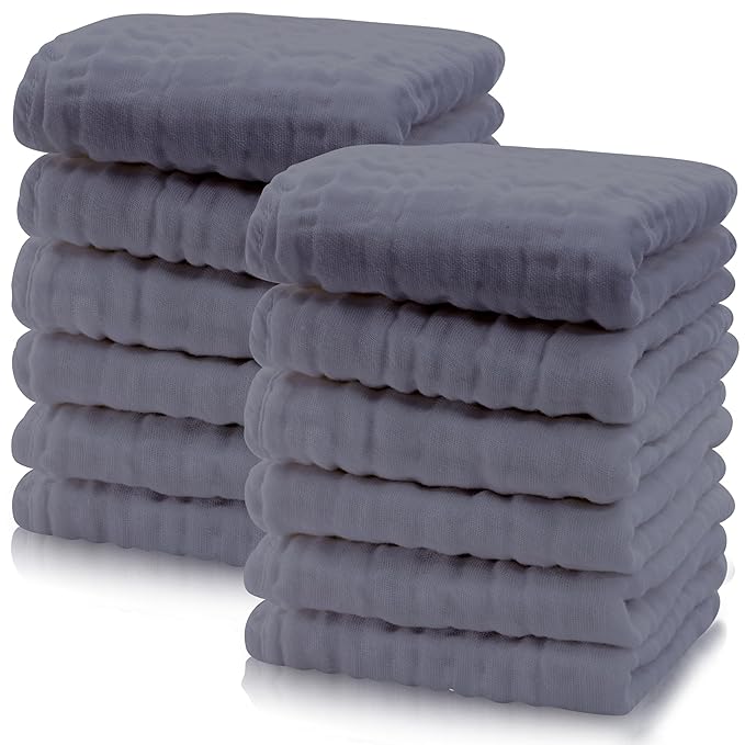 Cute Castle 12 Pack Muslin Baby Washcloths - Large 12'' by 12'' - Ultra Soft 100% Cotton - Super Absorbent Burp Cloths for Unisex, Boy, Girl -Grey