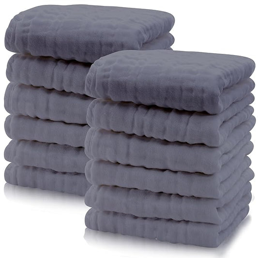Cute Castle 12 Pack Muslin Baby Washcloths - Large 12'' by 12'' - Ultra Soft 100% Cotton - Super Absorbent Burp Cloths for Unisex, Boy, Girl -Grey