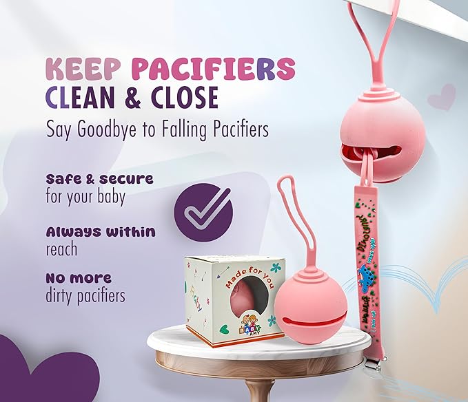 Pacifier Holder and Clip Set for Baby Girls – Pink & Purple | 2 Silicone Pacifier Clips + Case | BPA-Free Holder for 0–6 Month Babies