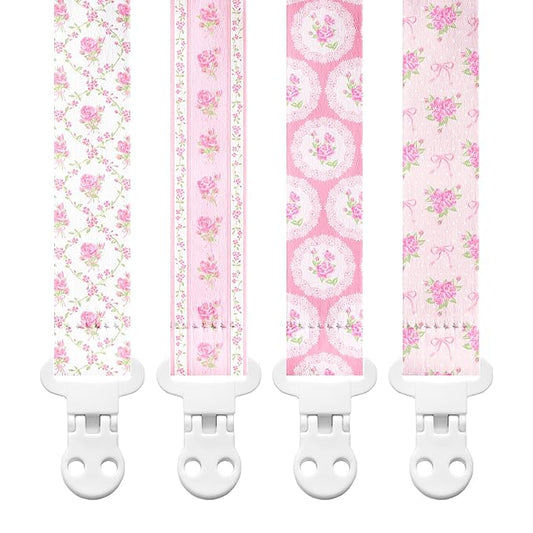 Stadela Baby Fabric Pacifier Clip Holder, Plastic Clip, 4‑Pack, Floral Pattern, Juliette Set