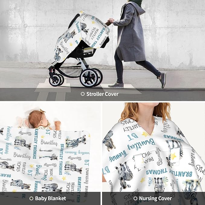 Personalized Baby Car Seat Cover Winter Custom Minky Carseat Cover Boy Girls with Name Zebra Carseat Canopy Customized Car Seat Canopy Infant Carrier Covers Nursing Cover Toddler Blanket