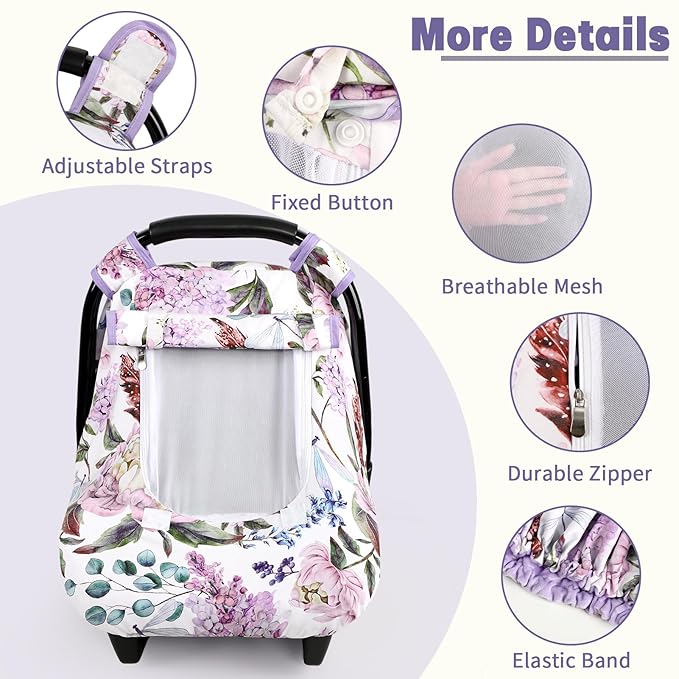 Car Seat Cover Baby, HNHUAMING Infant Car Seat Covers Canopy for Baby Girl Boy, Ultra Soft Newborn Preemie Carseat Insert Cushion for Girls Boys, Fits Car Seat, Stroller, Swing, Bouncer, Purple