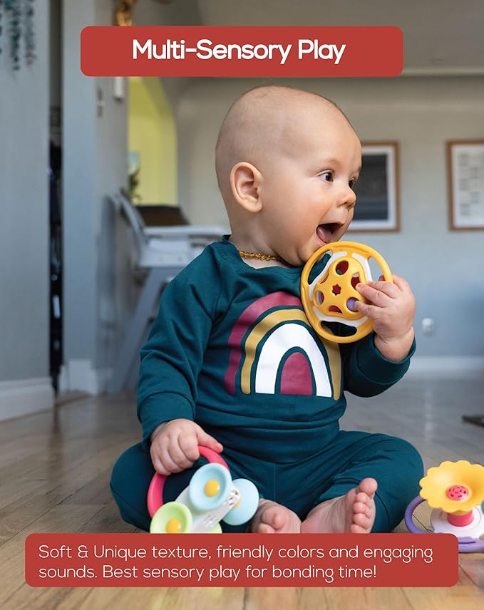 BaBeloved Bell Rattle Baby Teething Toys Multiple Sensory Montessori Baby Teether Toys Soft Food-Grade Teethers for Babies Rattling Teething Relief, Chew Toy for Babies 0-12 Months, BPA Free