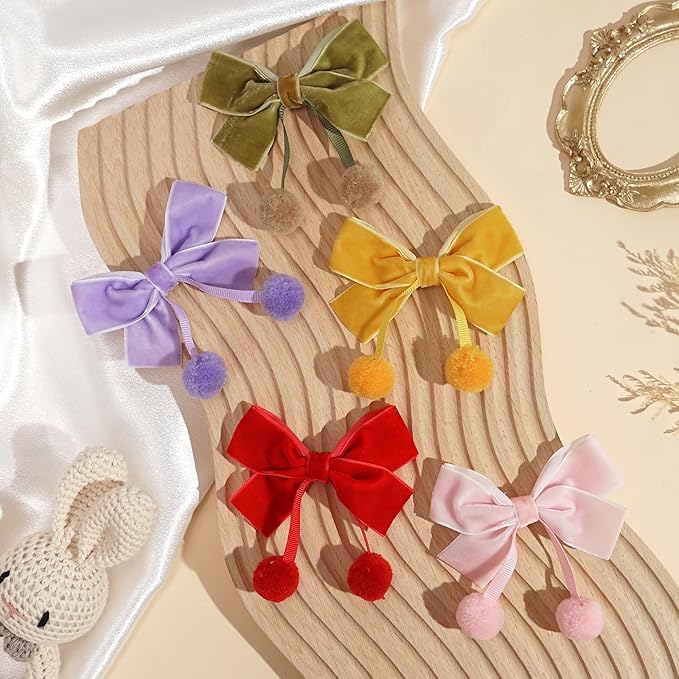 Velvet Bows Clips for Baby Girls, 20pcs 3.7inches Boutique Baby Hair Clips, Tassel Ball Hair Barrettes Alligators for Infants Toddlers Fine Hair