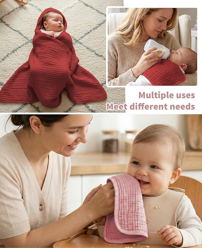6Pcs Baby Muslin Hooded Bath Towels and Washcloths,32"x 32" Muslin Cotton Hooded Baby Towels for Newborn Shower
